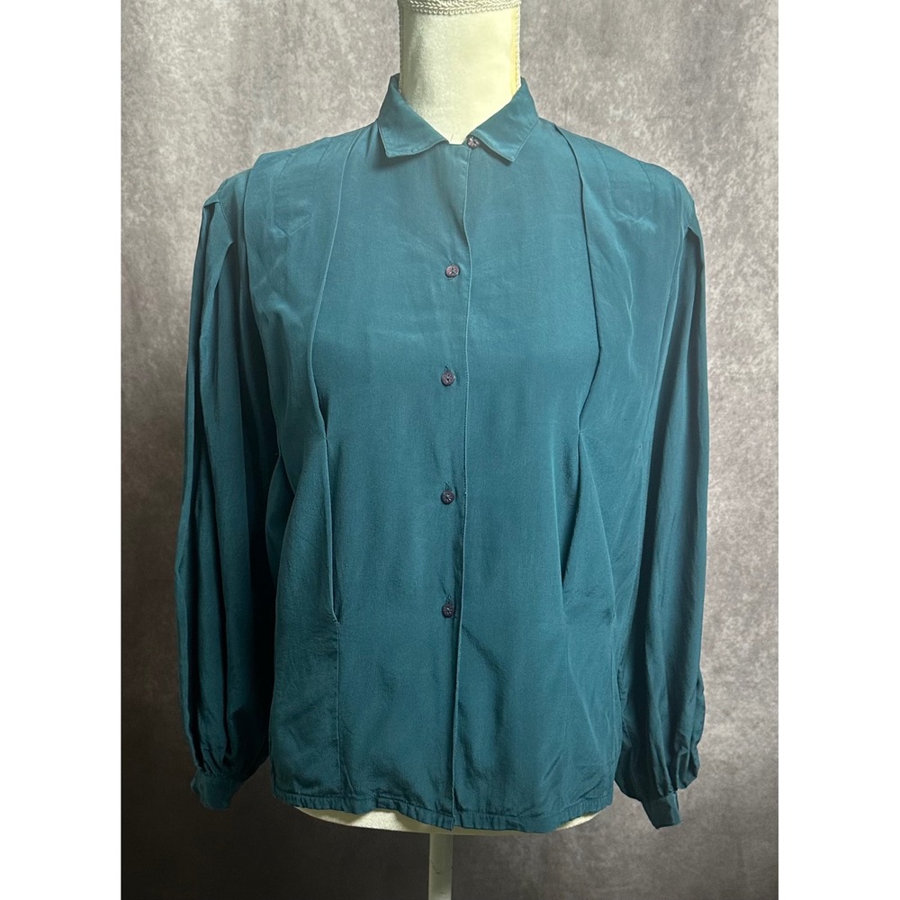 Marc D'Alcy for Belane Vintage 100% Silk Pintuck Blouse Teal Green Size 10